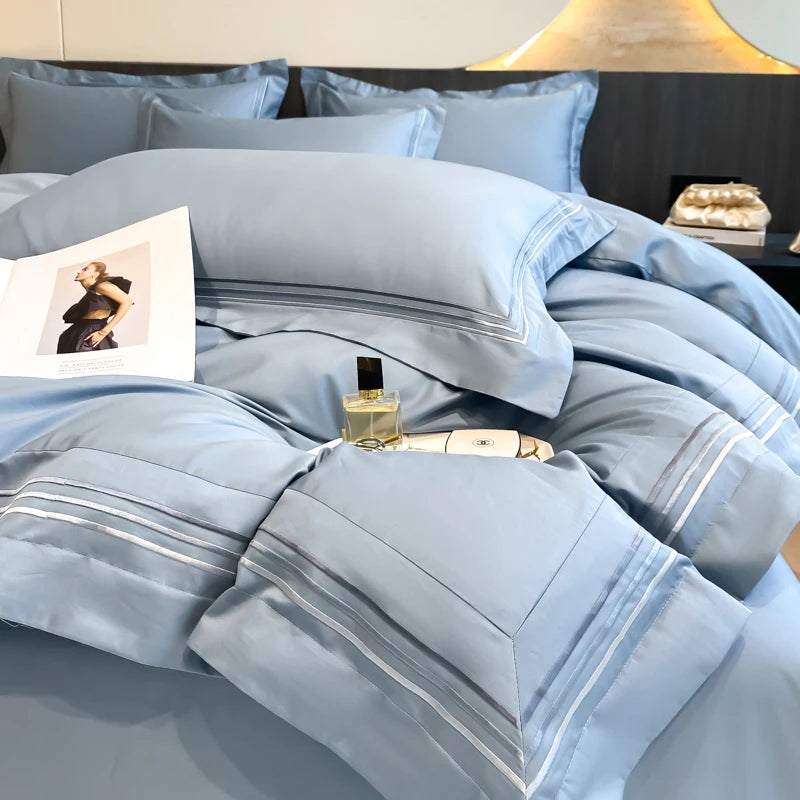 Juego de ropa de cama de lujo para Hotel, funda de edredón con bordado de Color sólido, Sábana plana/ajustada, fundas de almohada, tamaño Queen y King, 100% algodón