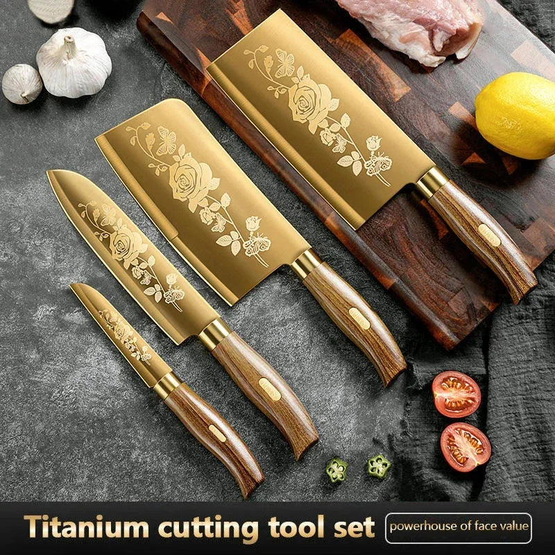 Juego de cuchillos de cocina de lujo dorados, ultra afilados, con hoja de acero inoxidable de primera calidad con revestimiento de titanio y mango de madera para cocinar, 4 piezas
