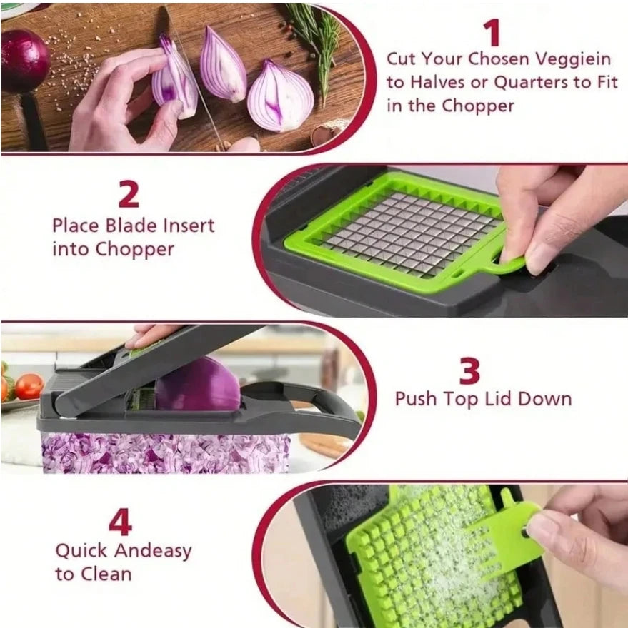 Picadora de verduras 16 en 1, picadora profesional de cebolla, picadora de alimentos multifuncional, cortadora de verduras de cocina, C vegetal