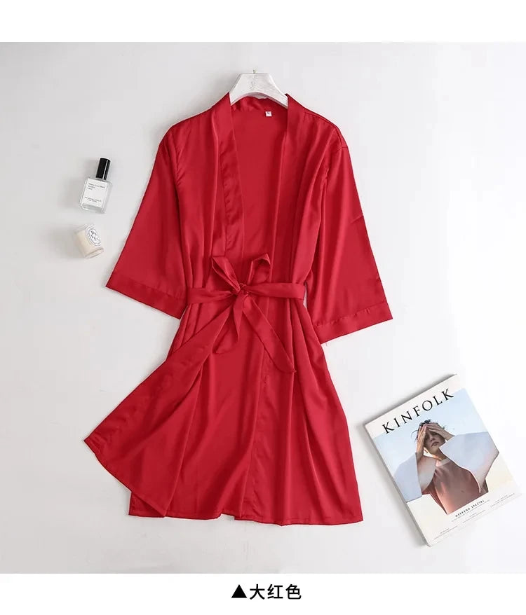 Bata de Novia Blanca para Mujer, Kimono de Satén de Seda, Ropa de Dormir Holgada con Manga 3/4, Lencería