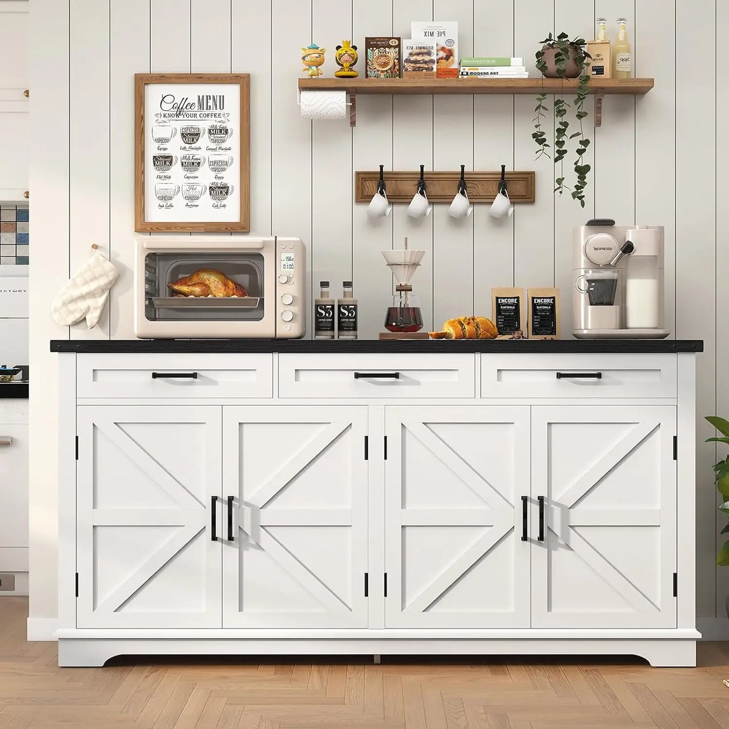 59" Large Buffet Cabinet with 4 Doors 3 Drawers Adjustable Shelves Coffee Wine Bar Storage Living Room, Customized