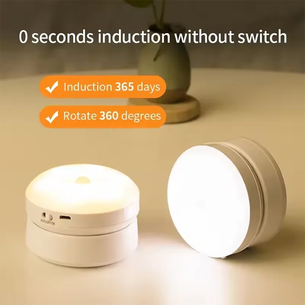 Luz nocturna con Sensor de movimiento, iluminación LED inalámbrica recargable, magnética giratoria 360 para habitación, mesita de noche, iluminación de gabinete