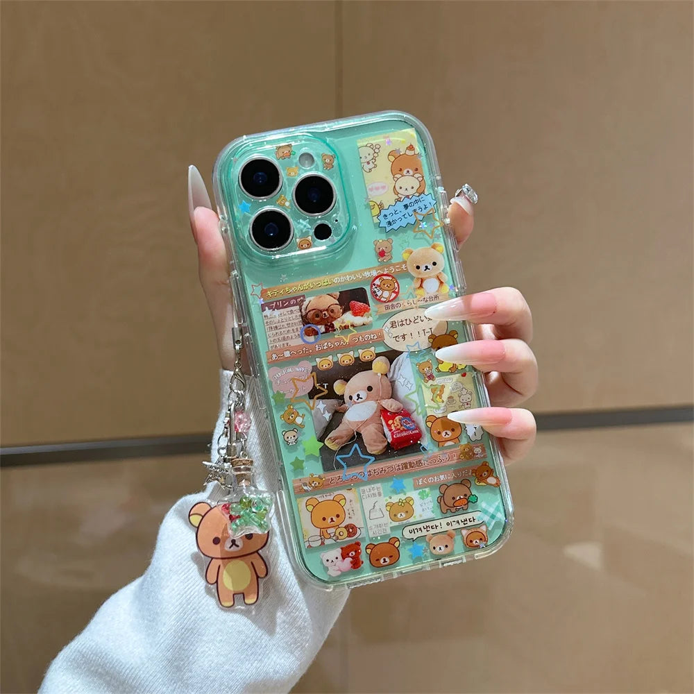 Funda de Teléfono con Dibujos Animados de Rilakkuma Kawaii para iPhone 17 16 15 Pro16 Max 17 Pro Max, Funda Protectora Bonita a Prueba de Golpes con Dijes