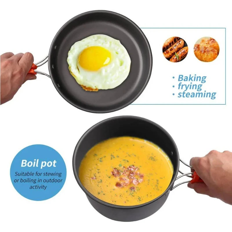 Juego de Cocina para Acampar, Juego de Utensilios de Cocina para Exteriores, Utensilios de Cocina Portátiles de Aluminio, Ollas, Tazones, Hervidores, Equipo para Picnic y Senderismo