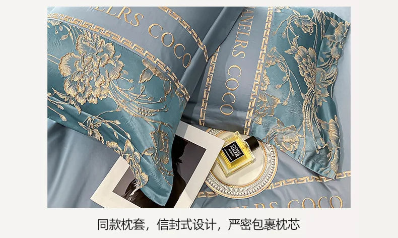 Juego de cama europeo de alta gama, juego de cuatro piezas de algodón de lujo, funda de edredón bordada de algodón, sábanas, sombreros, ropa de cama para personas mayores