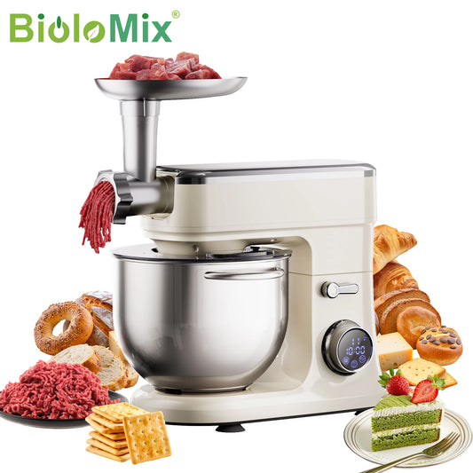 Batidora de Pedestal BioloMix de 7L para Repostería, Motor de CC de 1200W con Gancho Amasador, Batidor, Accesorio para Picar Carne - Batidora de Alimentos