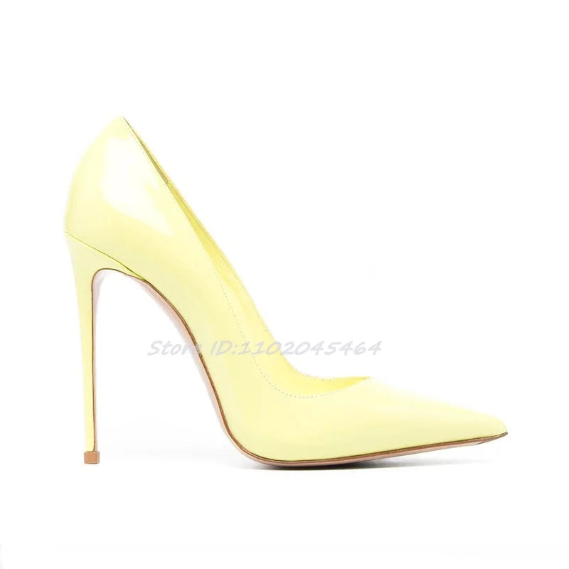 Zapatos de tacón alto sexis con punta estrecha de charol para mujer, tacones de aguja de talla grande, zapatos de tacón coloridos poco profundos y elegantes, zapatos de fiesta de diseñador de lujo