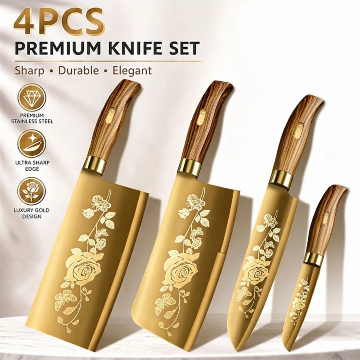 Juego de cuchillos de cocina de lujo dorados, ultra afilados, con hoja de acero inoxidable de primera calidad con revestimiento de titanio y mango de madera para cocinar, 4 piezas