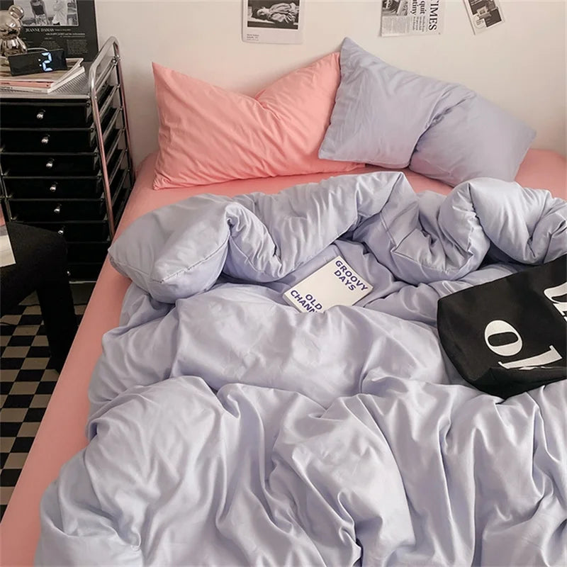 Juego de Ropa de Cama 100% Algodón, Juego de Sábanas de Algodón Lavado de Cuatro Piezas, Juego de Edredón, Funda de Edredón Doble para Parejas