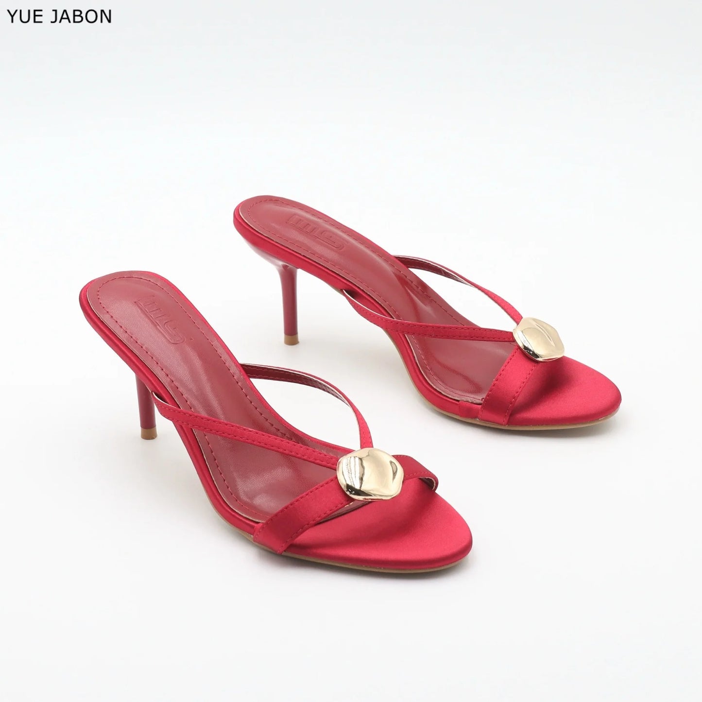 Zapatillas de Tacón Fino Rojas de Satén para Mujer, Sandalias con Hebilla Metálica y Punta Abierta, Zapatos de Vestir de Tacón Alto de Marca de Lujo Negros y Concisos para Dama