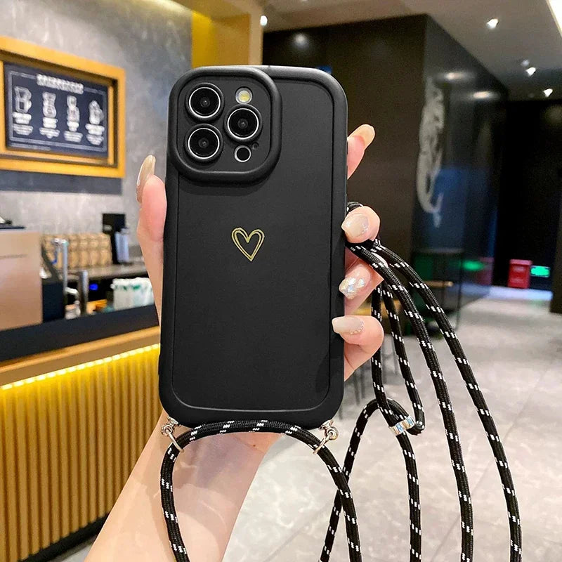 Fundas de teléfono Crossbody Love para IPhone 17 16 Pro Max 15 14 13 12 11 con funda trasera de silicona con cordón