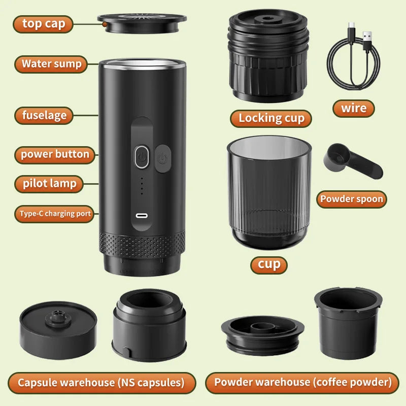 Cafetera Espresso eléctrica inalámbrica 2 en 1 para coche y hogar, cafetera portátil para acampar, cafetera de viaje en polvo cápsula