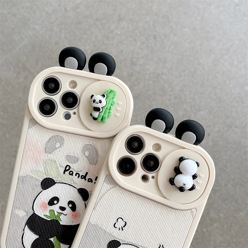 Ins 3D Panda Slide cámara protección funda de teléfono de silicona para iPhone 16 14 12 13 15 Pro Max 11 orejas de dibujos animados cubierta trasera a prueba de golpes