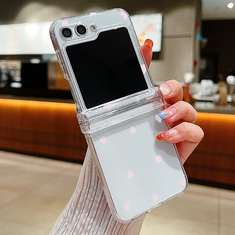 Funda de teléfono transparente con diseño de flor de amor para Samsung Galaxy Z Flip7 FE Flip 7 6 5 4 3 5G Flip5 Flip6, funda dura para PC a prueba de golpes