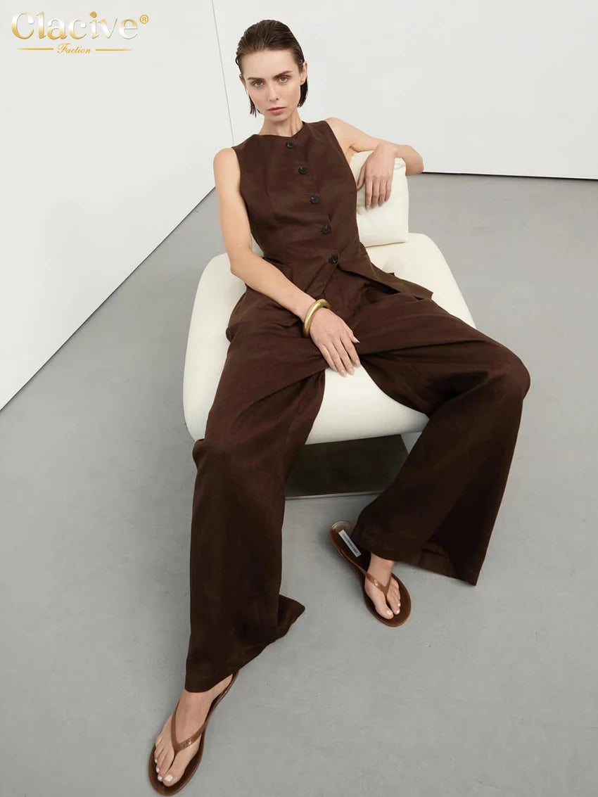 Clacive, conjunto de pantalones de lino marrón ajustados de verano, camiseta sin mangas a la moda para mujer de 2 piezas con pantalones anchos de cintura alta, trajes para mujer