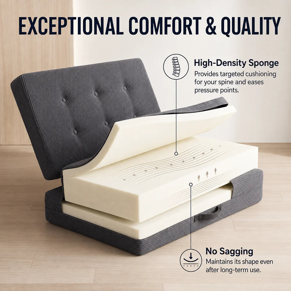 Sofá plegable de pana de tres pliegues, colchón portátil de espuma de alta densidad para invitados, adecuado para sala de estar y dormitorio.