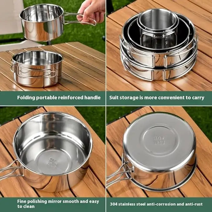 Juego de utensilios de cocina para acampar, olla de cocina de acero inoxidable con sartén, utensilios de cocina portátiles para exteriores, olla para Picnic, mochilero, Camping y senderismo