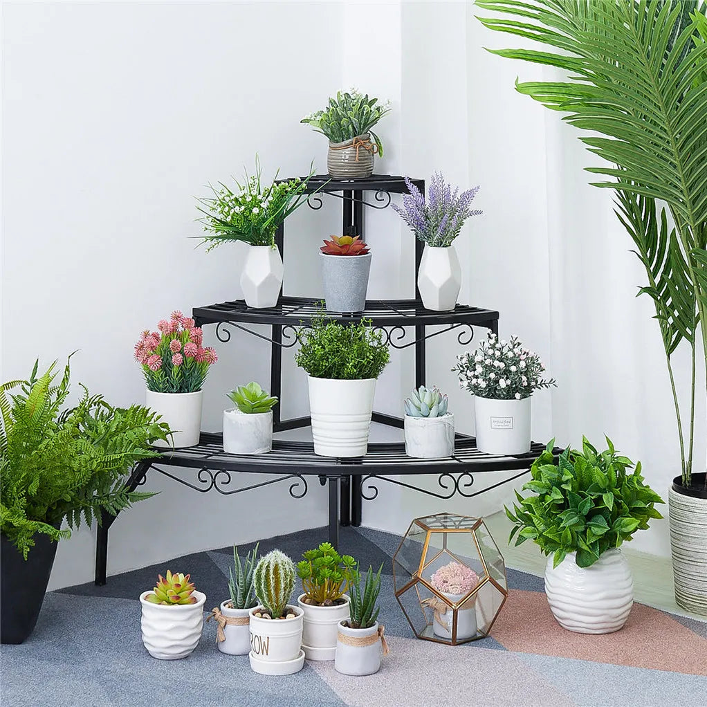 Soporte para plantas y macetas de interior y exterior, soporte de exhibición de estante esquinero para macetero redondo de 3 niveles de Metal para jardín