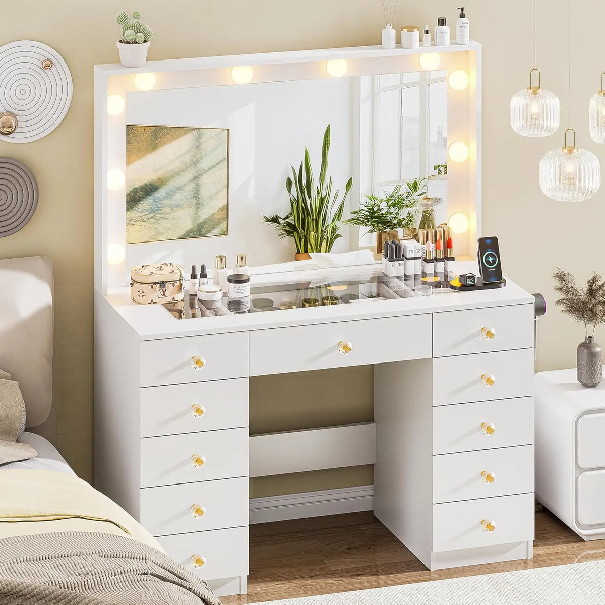 Tocador con Espejo Grande y 10 Luces LED, Escritorio de Tocador con Cubierta de Cristal, 11 Cajones con Tiradores de Cristal, Mesa de Maquillaje, Personalizable