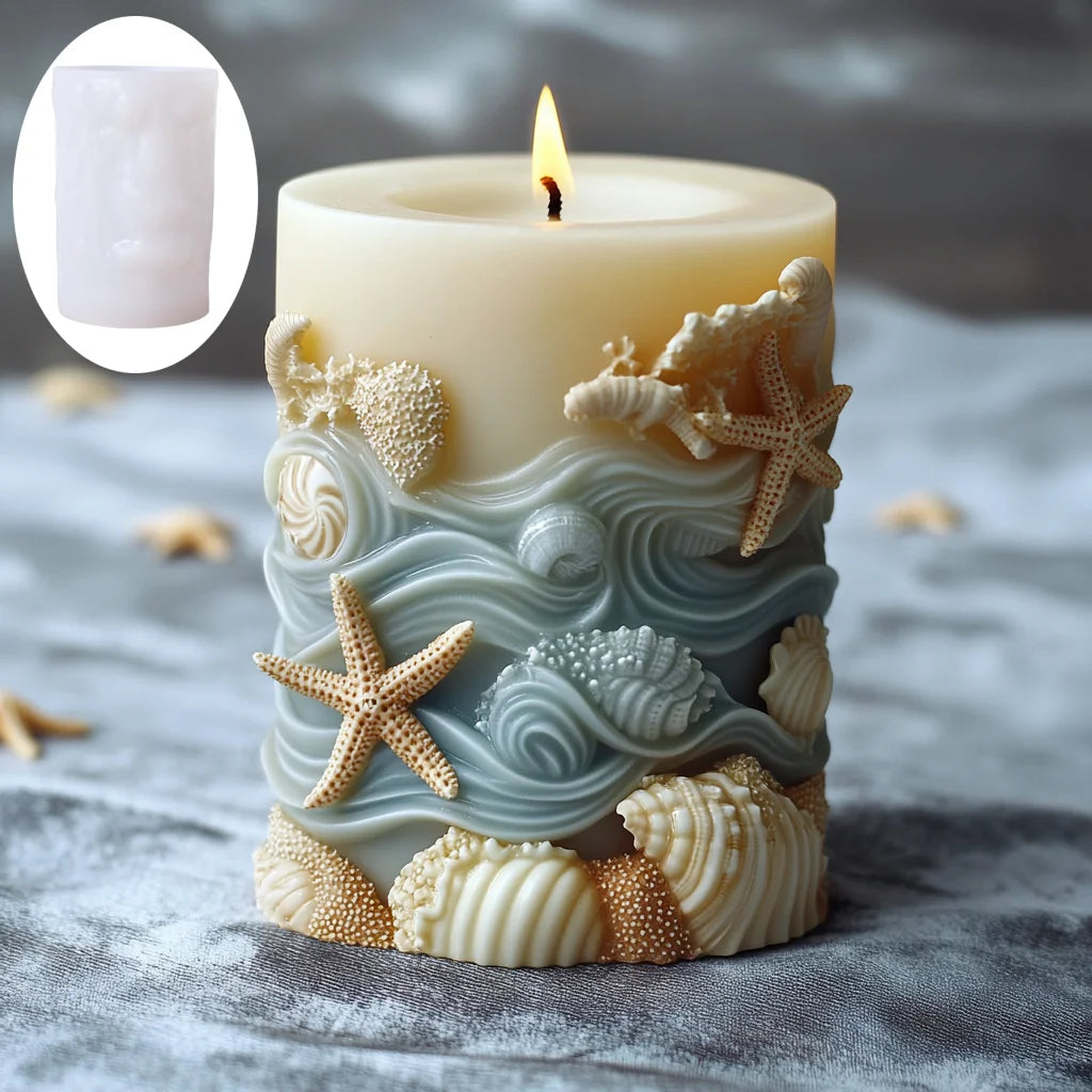 DIY estilo océano vela cilíndrica en relieve molde de silicona estrella de mar concha molde de resina cilíndrica ondas vieira moldes de yeso coral