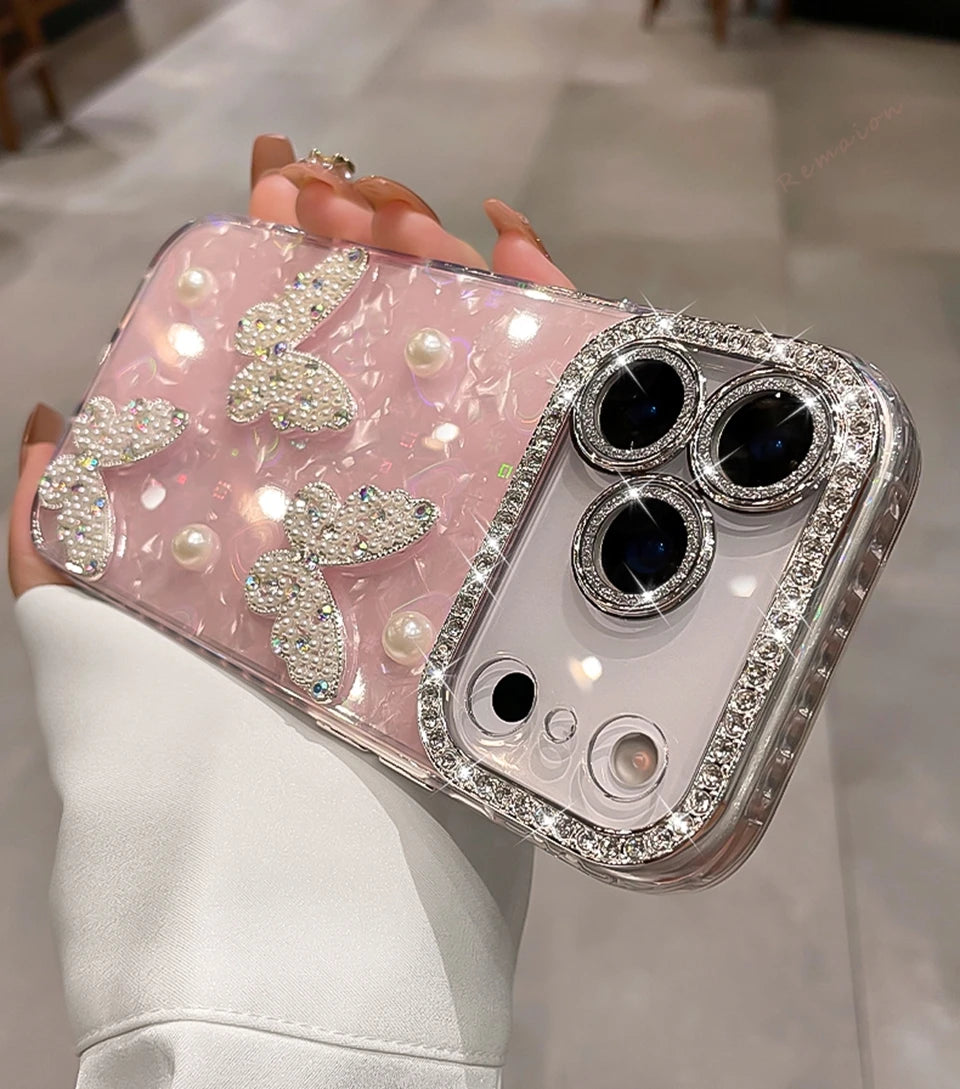 Funda de teléfono con purpurina y diamantes para iPhone 17 Air 11 12 13 16 Pro Max 15 14 16 Plus 17Pro Max, funda protectora de mariposa bonita