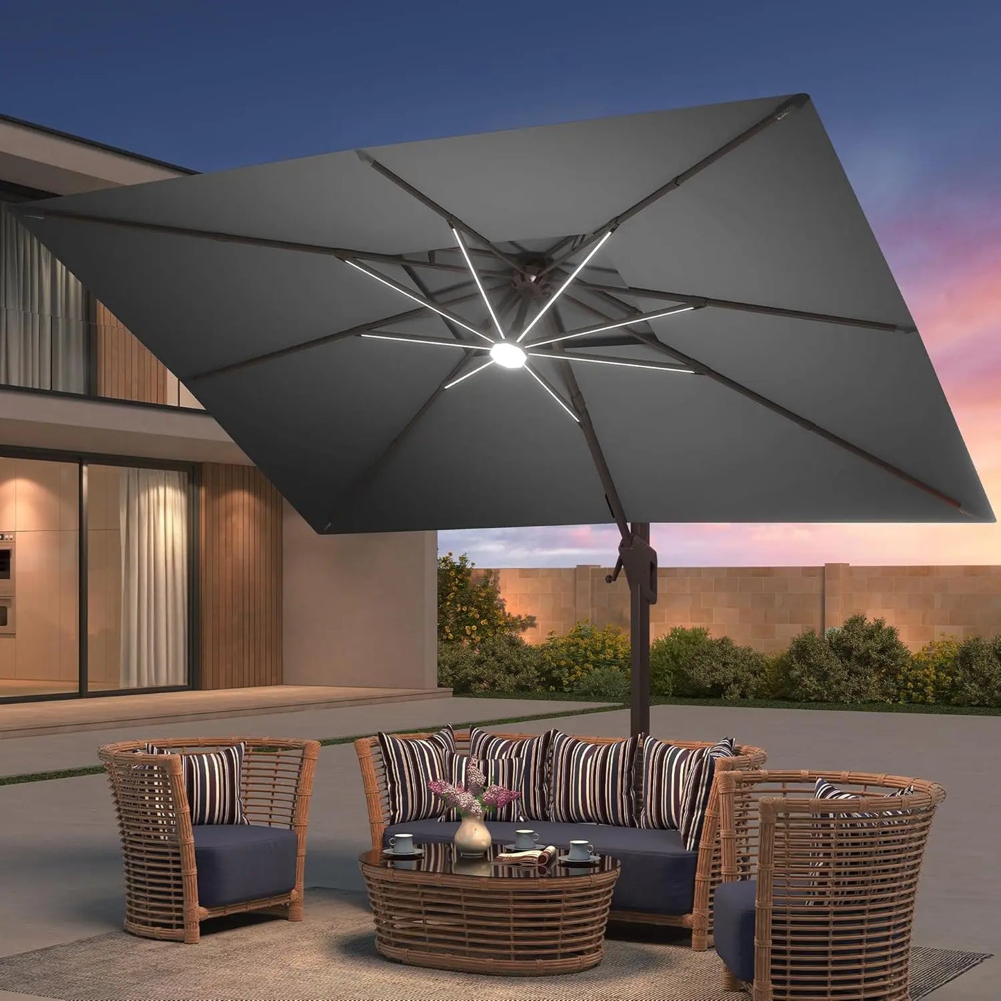 Sombrilla de Patio de 9x12 Pies con Luces LED, Sombrilla Rectangular Grande y Resistente de Aluminio para Exteriores, Personalizable