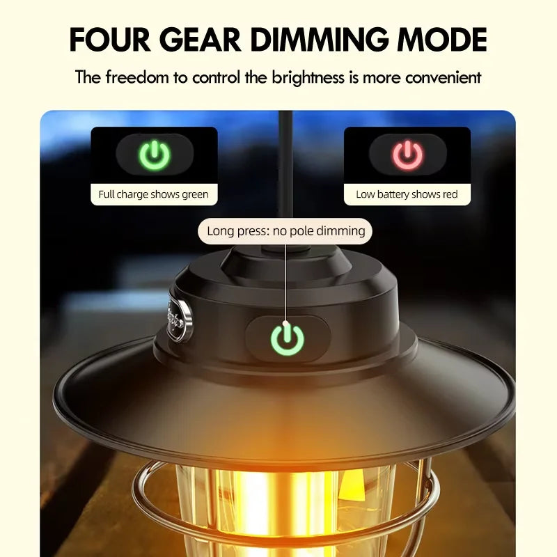 Lámpara LED para acampar, lámpara colgante Retro, luz portátil con atenuación continua para acampar, linterna de luz recargable impermeable para exteriores