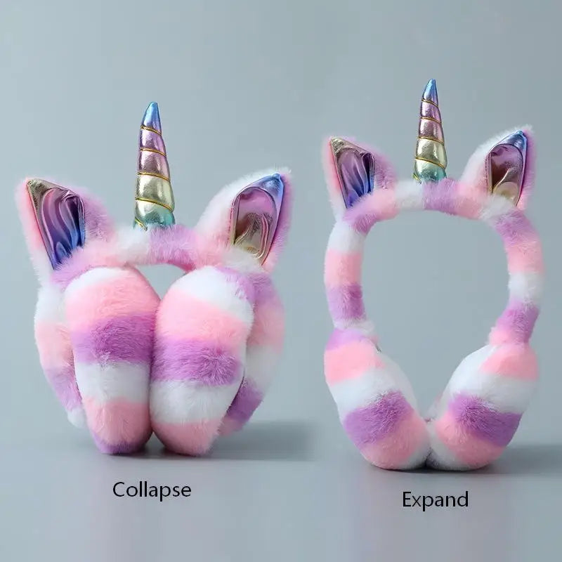 Orejeras de peluche de unicornio arcoíris, plegables, cálidas y portátiles, estilo femenino y lindo, orejeras a prueba de heladas y frío para otoño e invierno, regalo navideño