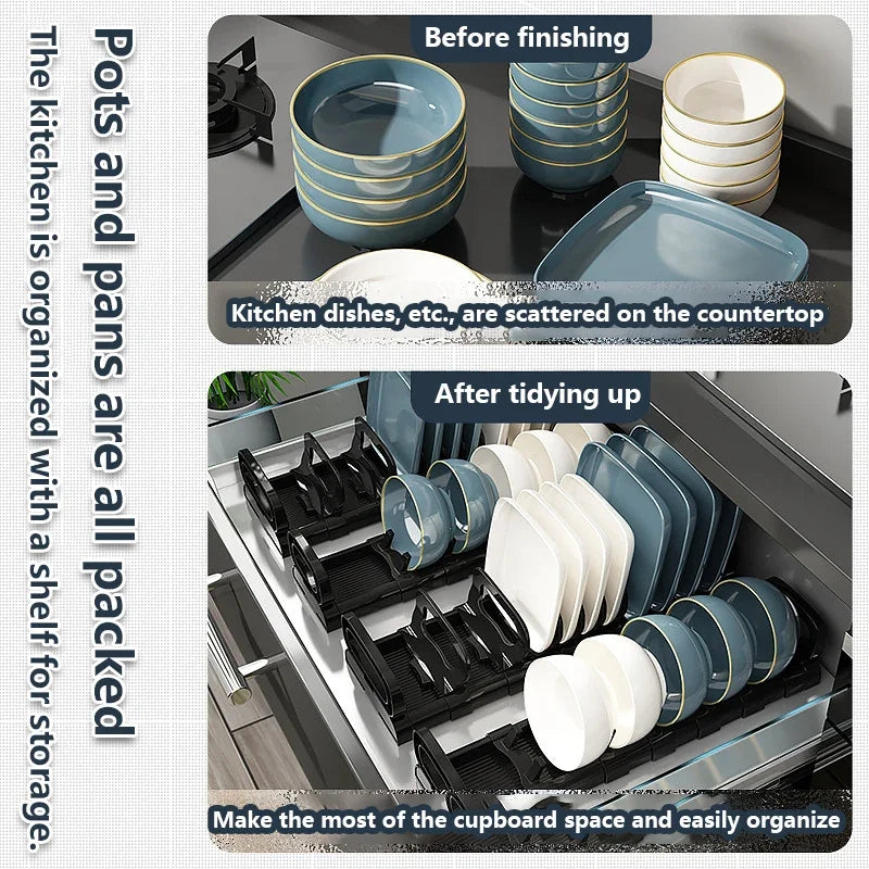 Estante de almacenamiento de platos para armario de cocina, escurridor de platos integrado, divisor de platos, organizador de accesorios de cocina