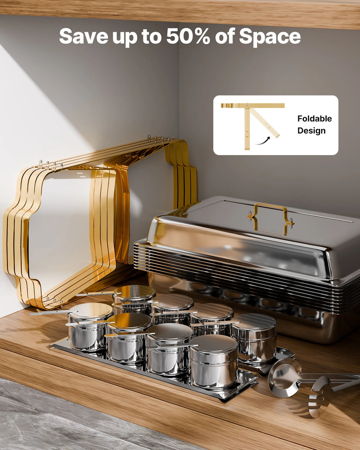 SucceBuy Juego de buffet de plato de frotamiento de 8 cuartos de galón, paquete de 4, chafer de acero inoxidable con 2 sartenes de tamaño completo y 4 tamaño medio, servidor calentador de catering
