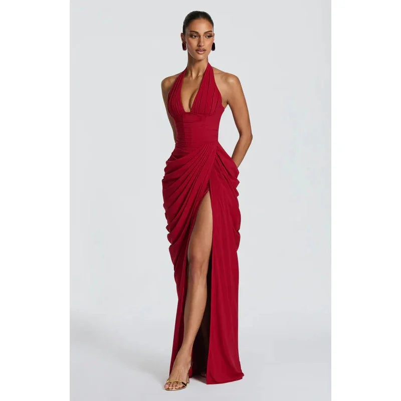 Vestido Maxi Plisado Sólido Sexy con Cuello Halter para Mujer, sin Mangas, sin Espalda, con Cintura Ajustada y Abertura, Vestidos de Fiesta de Verano 2026