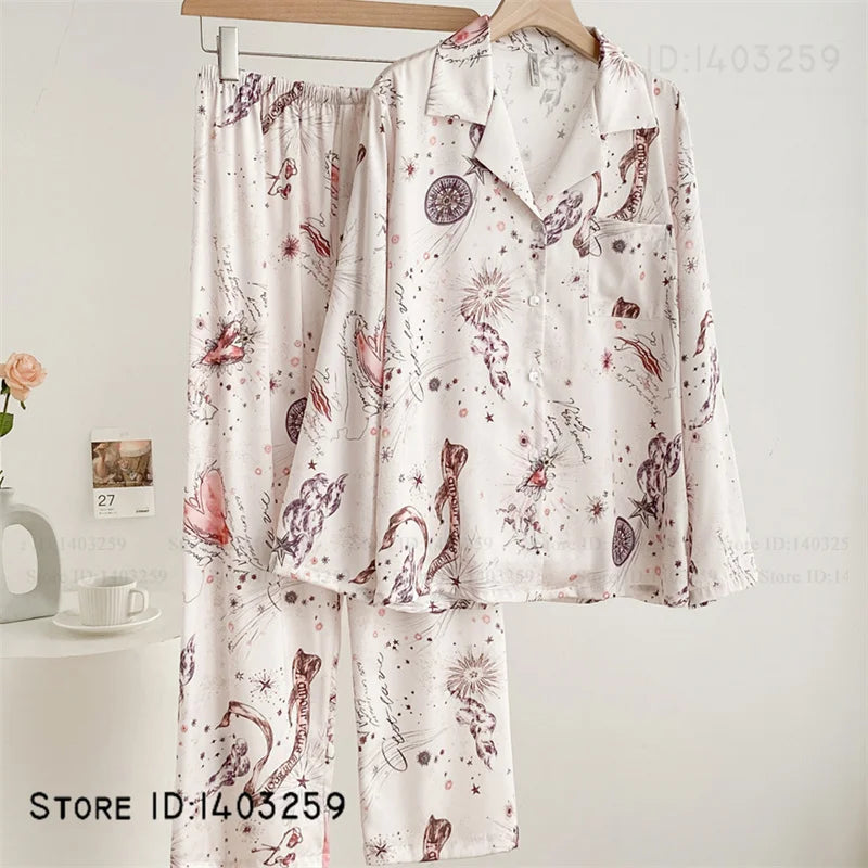 Nuevos Pijamas de satén sedoso para mujer, conjunto de 2 uds de Pijamas, ropa de dormir para primavera y otoño, ropa de salón, ropa de casa informal holgada para mujer, lencería