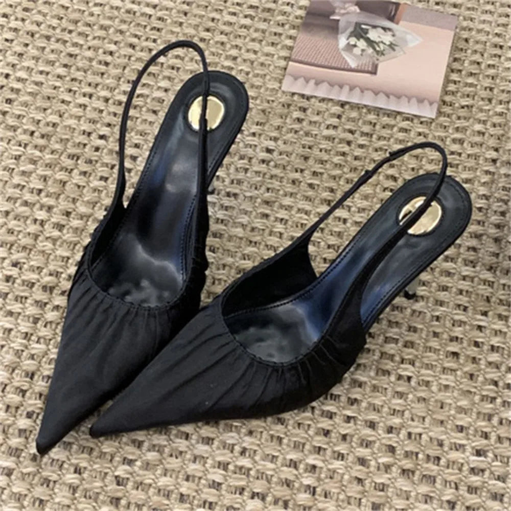 Aneikeh, moda de verano, diseño elegante, satén plisado, puntiagudos, zapatos de tacón con talón descubierto, sandalias sexis para mujer, tacones altos finos, zapatos de banquete