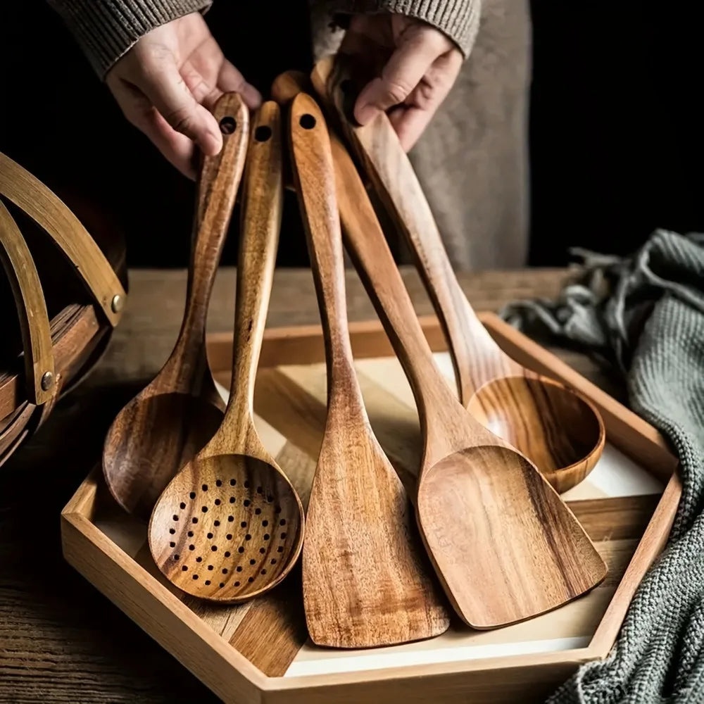 Juego de 5 Utensilios de Cocina de Madera Natural, Espátulas y Cucharas Antiadherentes, Regalo para Mamá en Acción de Gracias o Navidad, Accesorios de Cocina