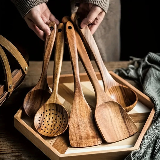 Juego de 5 Utensilios de Cocina de Madera Natural, Espátulas y Cucharas Antiadherentes, Regalo para Mamá en Acción de Gracias o Navidad, Accesorios de Cocina