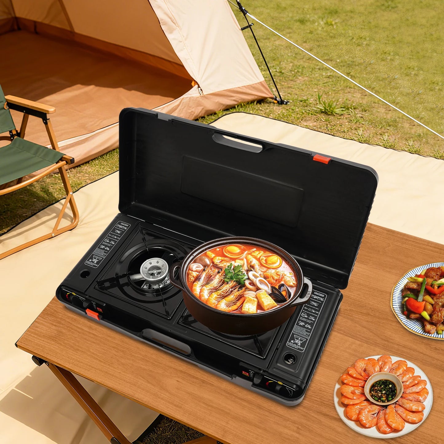 Estufa de Camping portátil de 2 quemadores, estufa de Gas butano/GLP de encendido automático de 2,5 kW con bandeja para hornear + Estuche de transporte para barbacoa pícnic al aire libre RV