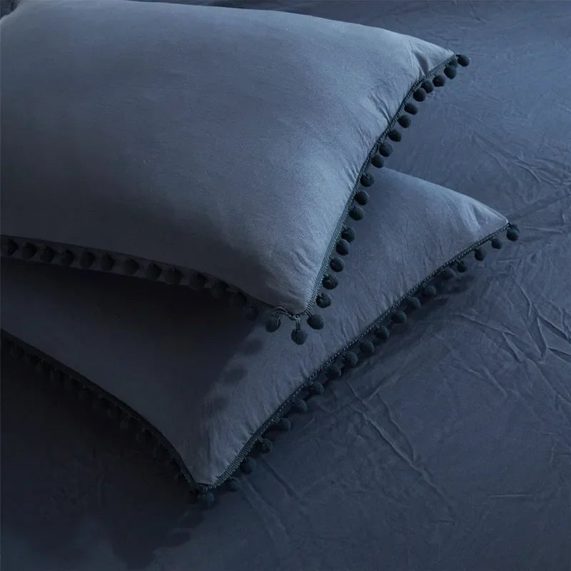 Funda de edredón suave y lavada, Juego de 3 piezas, funda de almohada, juego de ropa de cama para Twin, Full, Queen, King Size, decoración de pompones