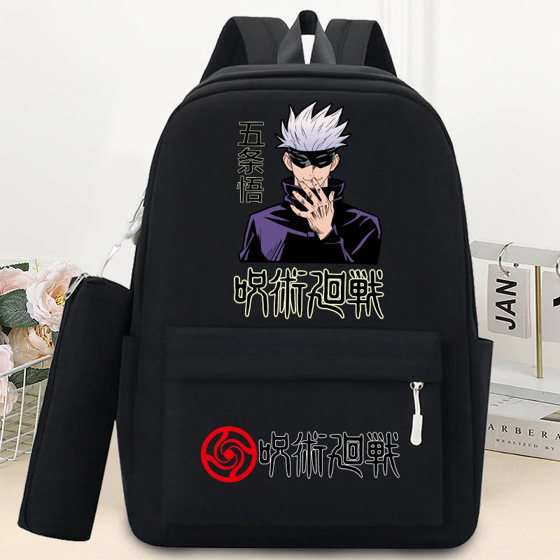 Mochilas Jujutsu Kaisen de 2 piezas con estuche para lápices para estudiantes, mochila escolar con estampado de dibujos animados, mochila de moda para guardar libros y artículos de papelería