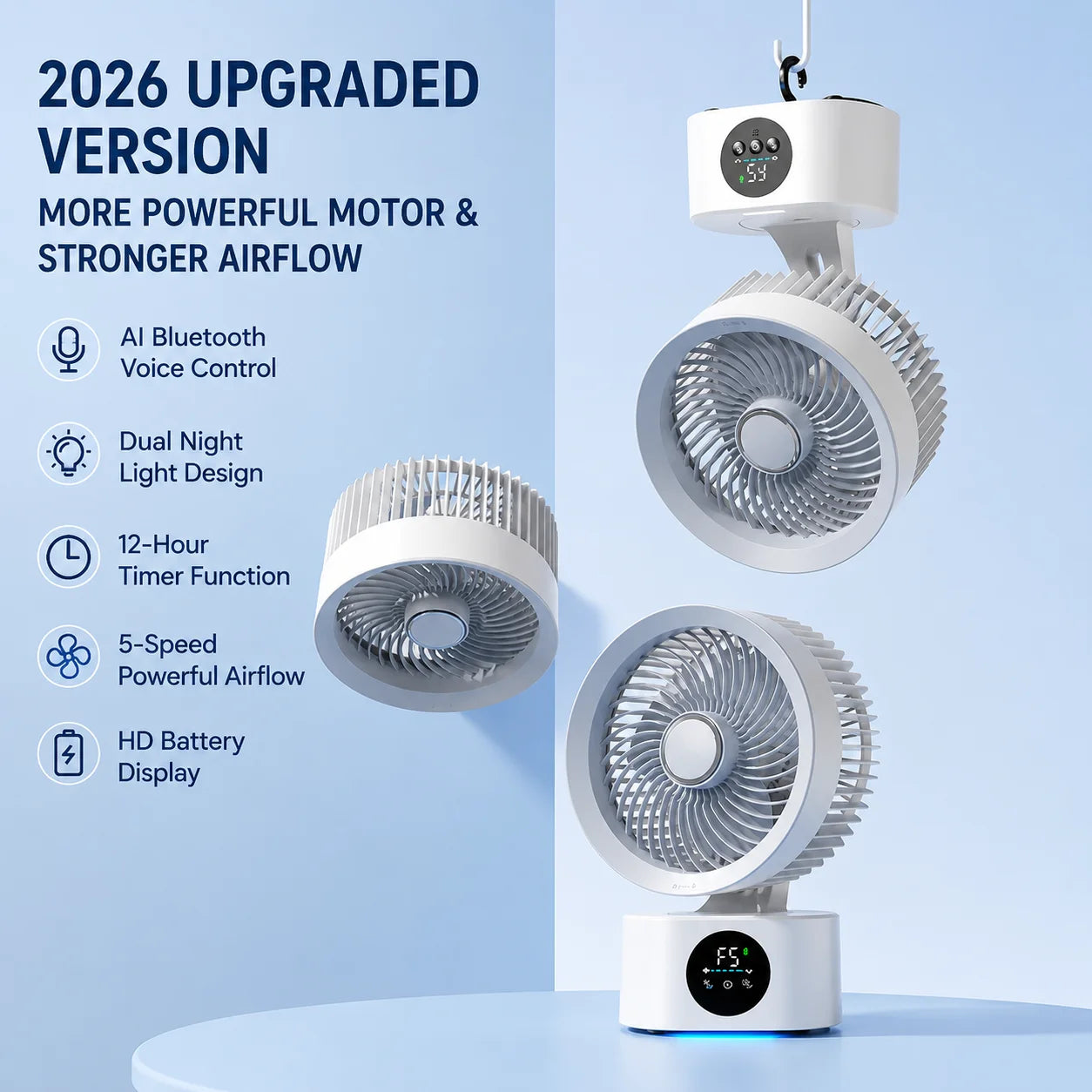 Ventilador Portátil de Pared con Control Remoto, Ventilador Eléctrico Plegable Recargable por USB con Luz Nocturna y Control por Voz Inteligente