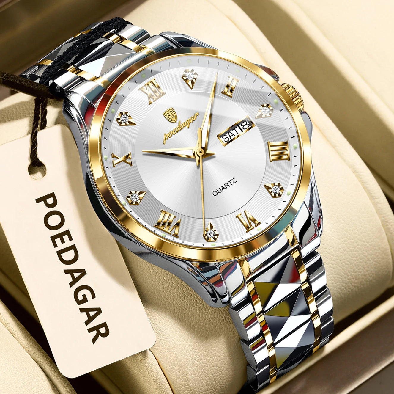 Reloj de pulsera POEDAGAR de lujo para hombre, Reloj luminoso resistente al agua con fecha y semana para hombre, relojes de negocios de acero inoxidable para hombre, Reloj de cuarzo para hombre