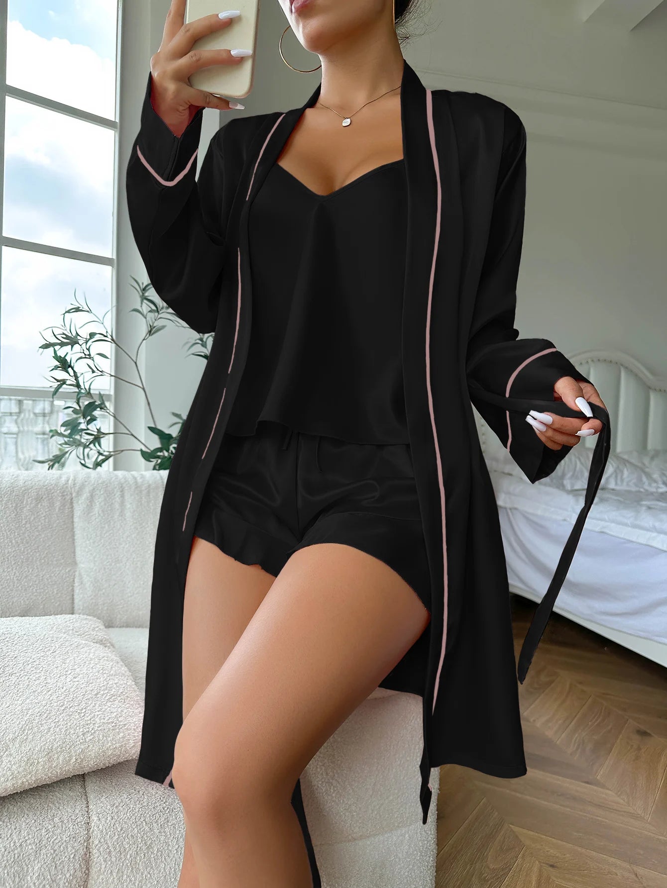 Conjunto de pijama de satén simple, bata con cinturón de manga larga, camisola con cuello en V, top y pantalones cortos, ropa de dormir para mujer