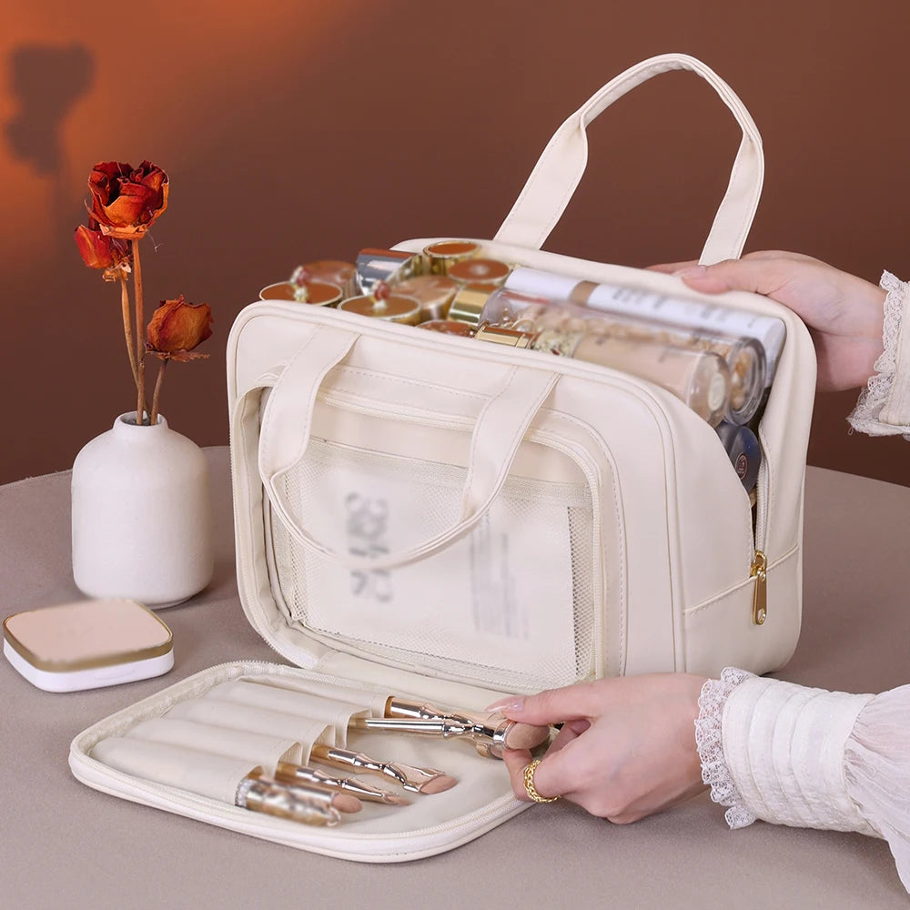 Bolsa de Cosméticos de PU de Gran Capacidad, Organizador de Maquillaje Portátil, Opciones para Viajes y Uso Diario, Almacenamiento de Artículos de Aseo