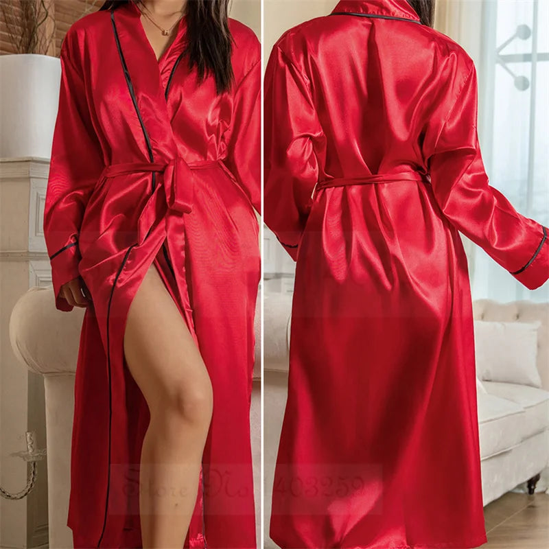 Bata larga Kimono de satén para mujer, bata de baño suelta, ropa de salón para el hogar, ropa de dormir Sexy, lencería íntima, primavera y otoño