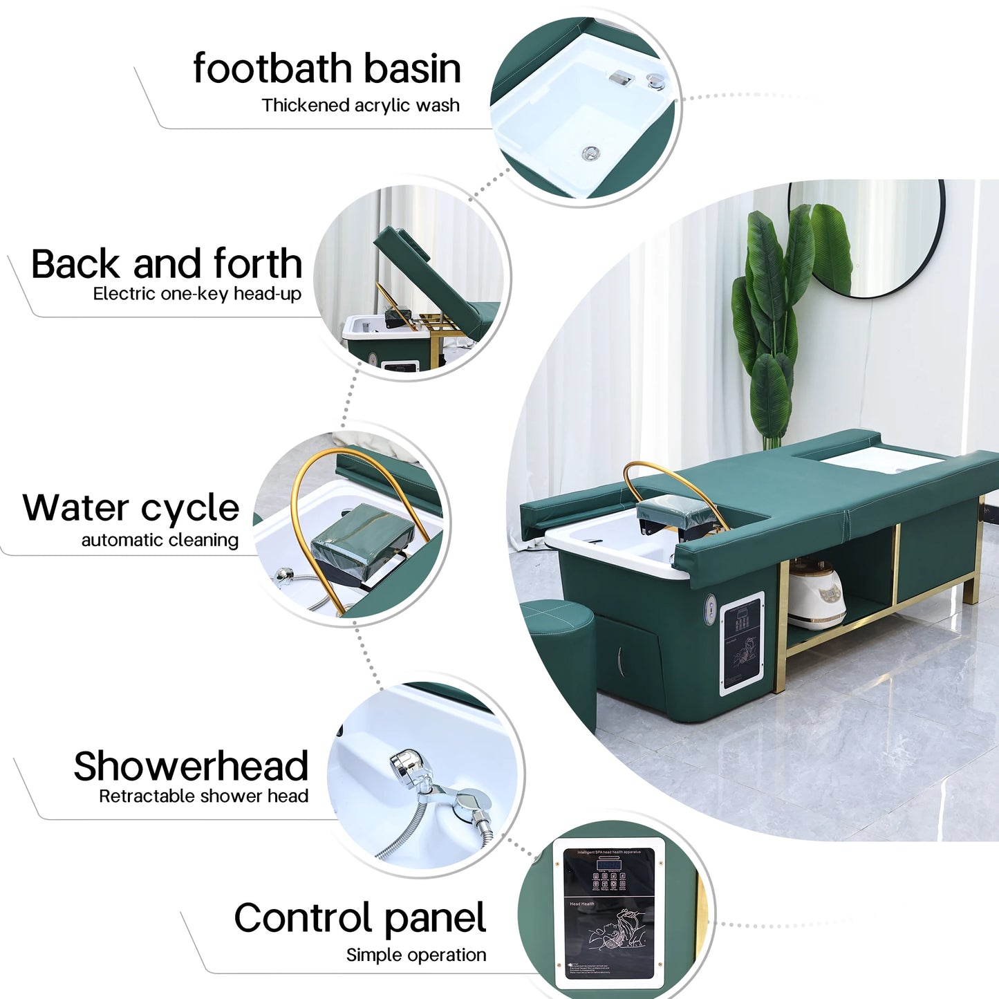 Mesa de Masaje Tailandesa de Diseño Moderno, Cama Eléctrica para Lavado de Cabello, Equipo de Spa Capilar, Cama Reclinable para Salón de Belleza con Lavabo de Cerámica y Reposapiés
