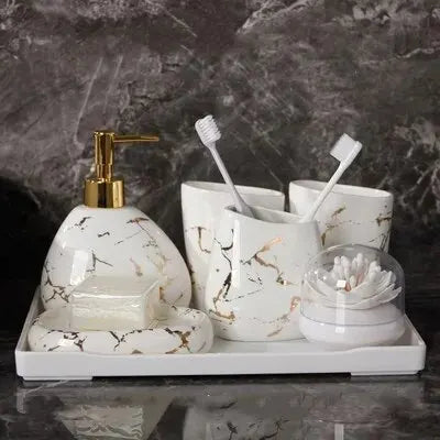 6 unids/set de cerámica de imitación de mármol, juego de accesorios de baño, dispensador de jabón/soporte para cepillo de dientes/vaso/productos jabonera