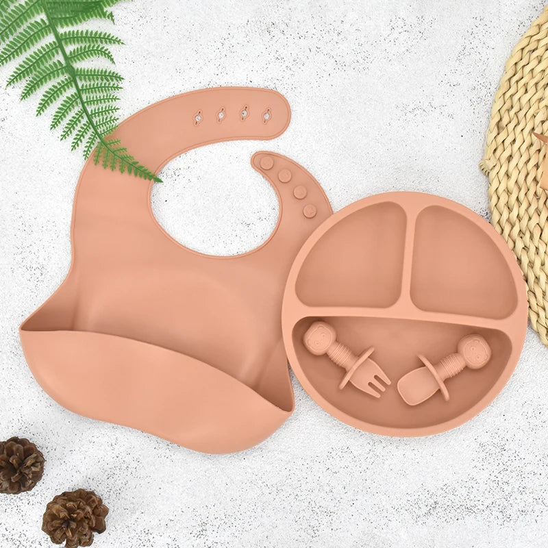 4 unids/set plato de comedor de silicona seguro para bebé, platos sólidos de dibujos animados para niños, juego de vajilla para bebé con cara sonriente, plato Retro para niños