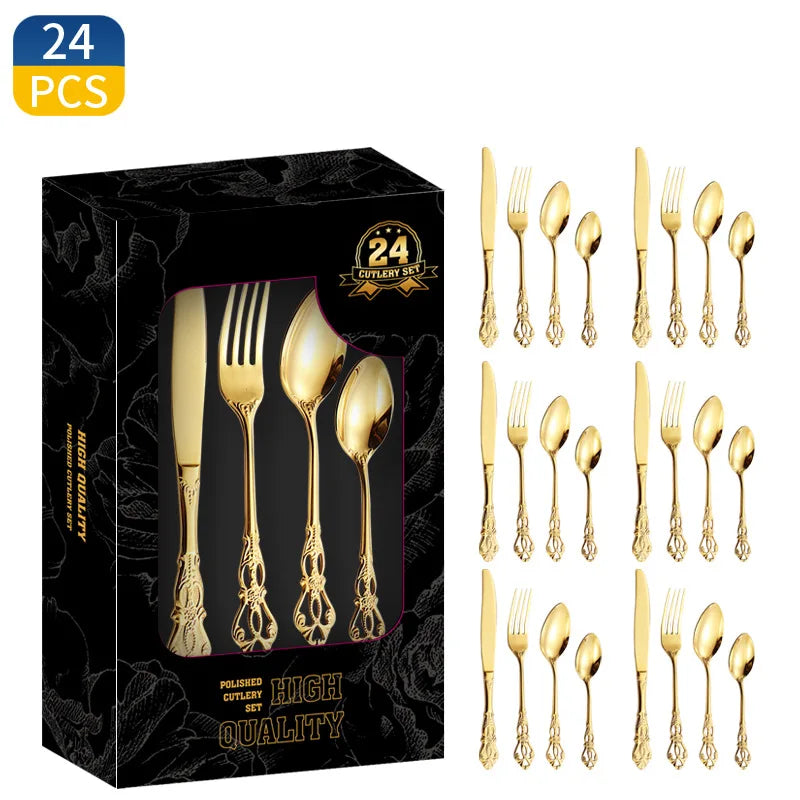 Juego de vajilla dorada de 24 piezas, juego de cubiertos de acero inoxidable, juego de cuchillos, tenedores y cucharas, juego de cubiertos, cuchillo, tenedor, cuchara, cuchara de té.