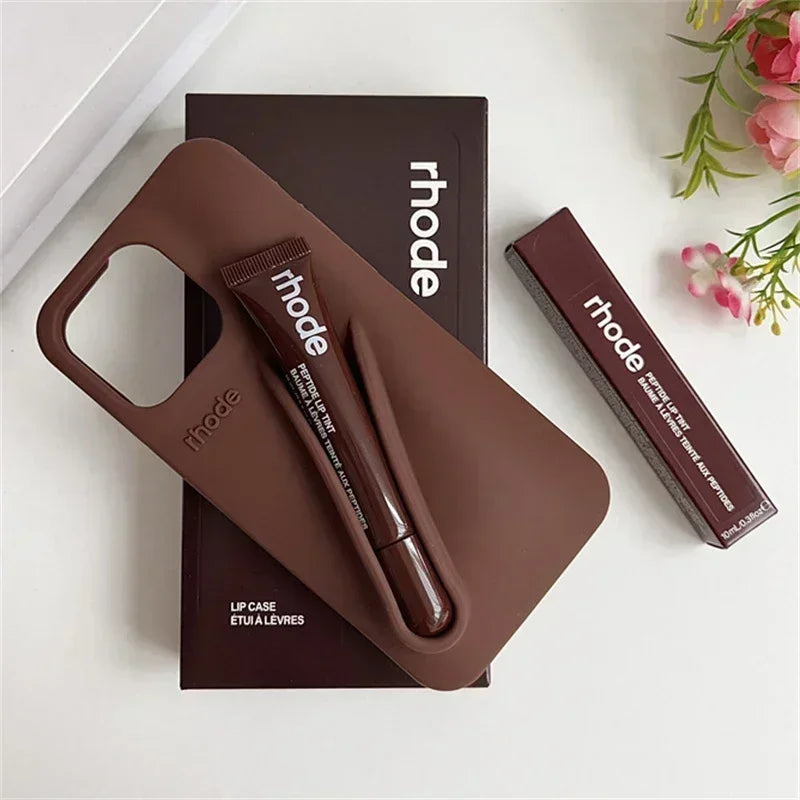 Maquillaje Rhode con caja, soporte para lápiz labial, funda de teléfono para IPhone17 Air 11 12 13 14 15 16 Pro Max Plus, funda suave de silicona para brillo de labios