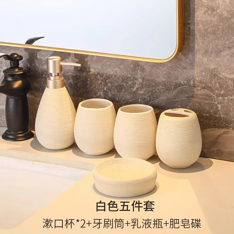 Juego de cerámica para baño, botella dispensadora de champú, jabonera, soportes para cepillos de dientes, taza de enjuague, accesorios de baño