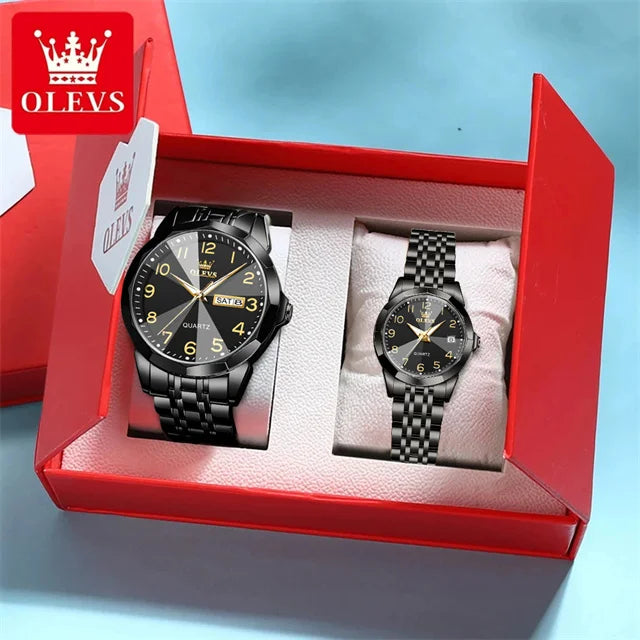 OLEVS 9970 reloj de lujo para parejas, reloj de pulsera con calendario resistente al agua de acero inoxidable para hombres y mujeres, reloj para amantes del espejo con rombos y esfera Digital